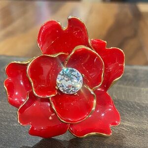 Red Enamel Flower ring with Crystal Center